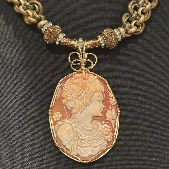 Cameo Statement Necklace pave bronze white rhinestone Beads 14k Handmade - Picture 7 of 11